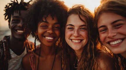 Fototapeta premium Group of Young Adults Standing Together Smiling with Joy in a Natural Setting at Sunset