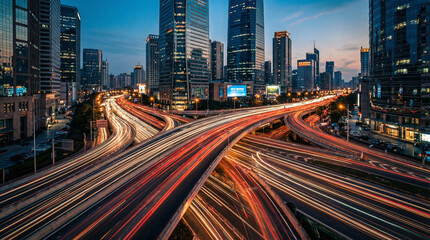 都市のスカイラインと夜の高速道路の光跡 © hamuu