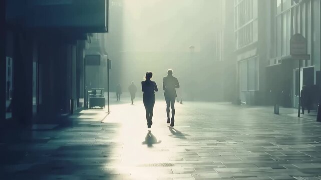 Urban Silhouette: Two figures stride confidently along a city street bathed in soft, diffused light, evoking a sense of purpose and urban exploration.