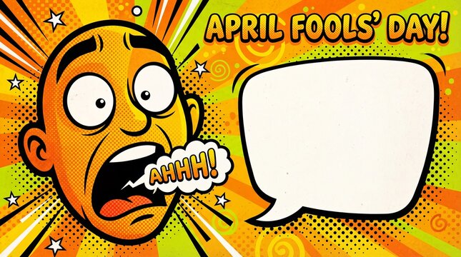 Comic book style man screaming in shock with speech bubble. Pop art April Fools Day background