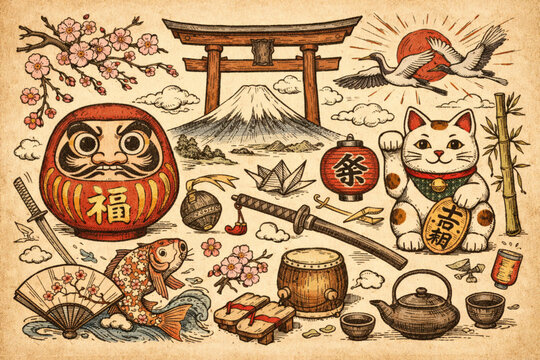 Japanese Culture Illustration &mdash; Hand-Drawn Vintage Design with Daruma, Torii & Maneki Neko