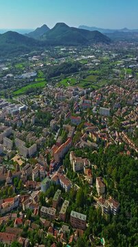  Aerial view of ancient streets and houses of the historic center of the city of Hyeres in the Var department on the azure coast