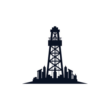 Abstract oil rig derrick icon on cityscape