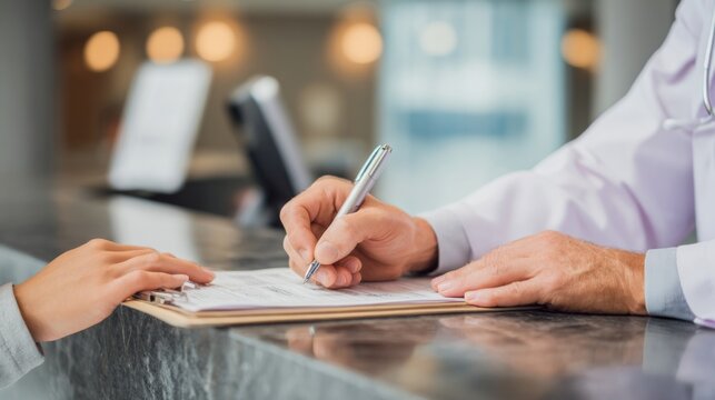 Patient Filling Out Medical Form at Reception Desk in Health Care Facility