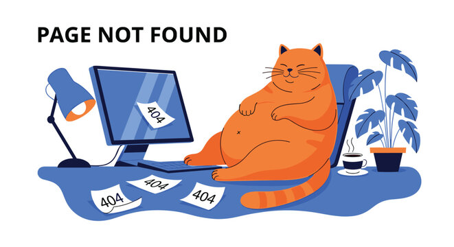 A chubby orange cat relaxes at a desk filled with 404 error messages on the computer and papers, illustrating a \.