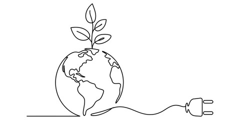 Minimalist continuous line drawing of earth with a plant and a power plug for green energy Vector, illustration © Creative_Outline2019
