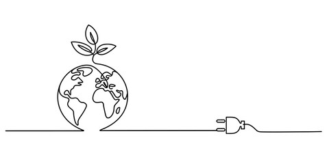 Continuous line drawing of a globe with a plant and an electric plug for green energy Vector, illustration © Creative_Outline2019