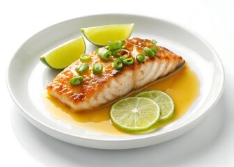 Glazed salmon fillet with peas and lime slices on white plate closeup
