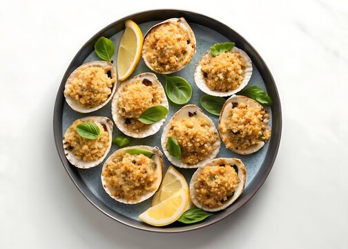Baked stuffed clams on shells with lime wedges and herb garnish
