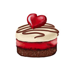 heart shaped chocolate cake,3D-style digital illustration of a shiny, glazed red heart with realistic highlights and reflections, isolated on a white background.