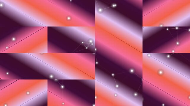 Vibrant geometric pattern with diagonal beams and dots on purple and orange background viewed from directly above