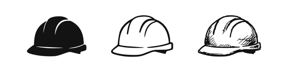 Fototapeta premium Safety Hard Hat Icons Set: Essential Protection Gear in Solid, Outline, and Sketch Styles