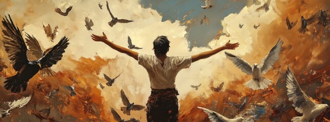 Man Standing with Arms Outstretched Among Flying Birds.