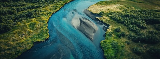 Aerial View of River Landscape with Greenery.