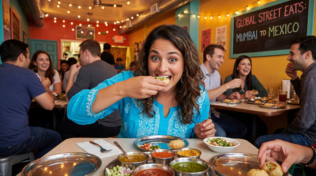 Excited woman eating Pani Puri at a colorful Indian restaurant. Happy female customer enjoying traditional street food snack
