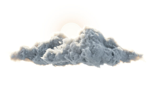 Isolated cloud with backlit sun on transparent background, silver lining, fluffy volumetric cloudscape