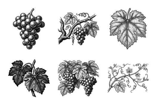 Vintage engraving collection of grape bunches and vine leaves in a classic woodcut etching style.
