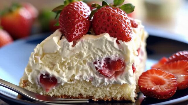 Strawberry Cake Slice Delight: A close-up shot of a luscious slice of strawberry cake on a dark plate, showcasing layers of moist sponge, fresh strawberries, and a generous layer of creamy frosting.
