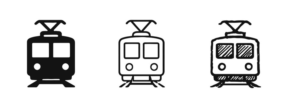 Set of Tram or Streetcar Icons in Different Styles: Silhouette, Outline, and Hand-Drawn Doodle