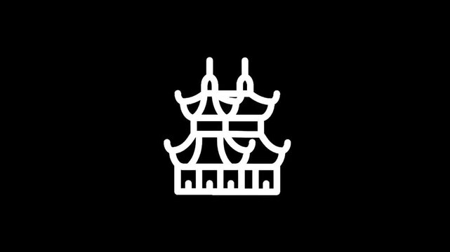 Stylized white icon of a traditional East Asian pagoda building on a black background