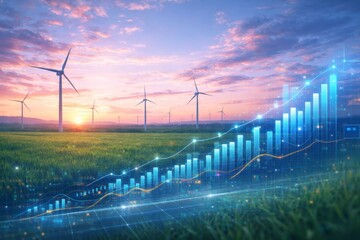 Wind turbines in a green field with a graph and chart at sunset with a purple and orange sky JPG image