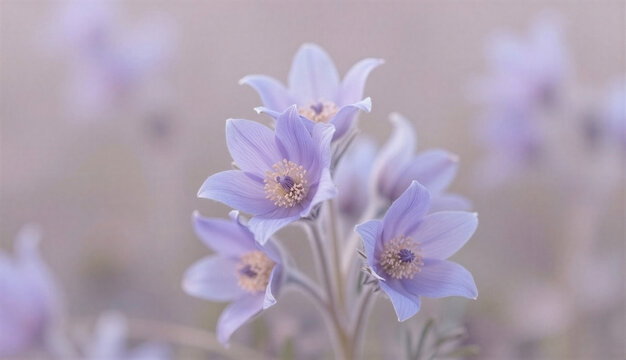 Small cluster of pasque flowers with delicate petals and fuzzy stems. Early spring bloom for gardening and nature concept.