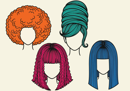Set of colorful stylized female hair silhouettes on beige background