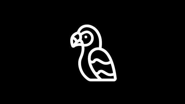 Minimalist white parrot icon on a black background, simple line art illustration