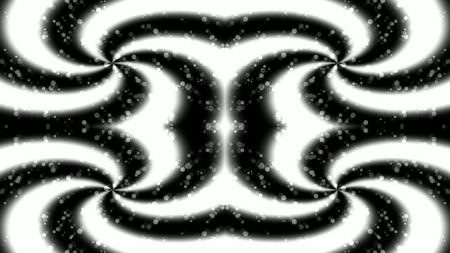 A black and white abstract image featuring symmetrical, swirling patterns that resemble a mesmerizing optical illusion