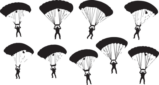 Skydivers in Formation with Parachutes Open Wide in Air