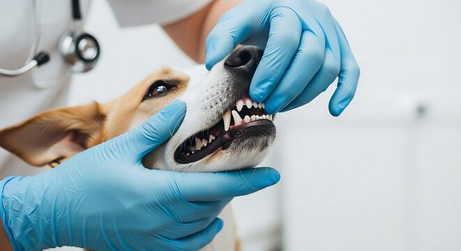 A veterinarian examining a dog's teeth with gloved hands. Focus on dental health