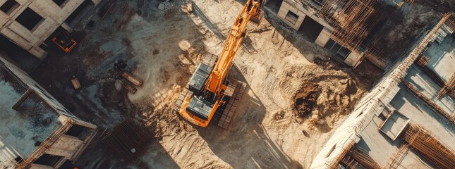 Construction Site with Excavator and Buildings.