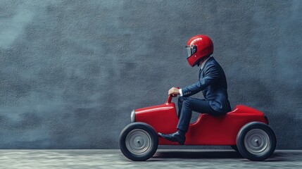 Man Riding Red Toy Car with Helmet.