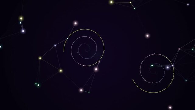 A celestial map illustrating constellations with spiral patterns in the night sky from a distant viewpoint