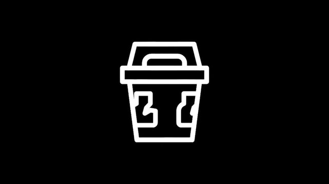 Simple white icon of a trash can with a bottle symbol on a black background