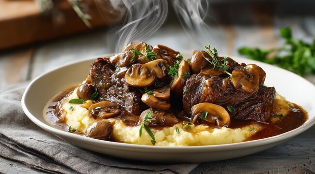 Jarret de b&oelig;uf brais&eacute;, sauce aux oignons et aux champignons avec une pur&eacute;e de pommes de terre, servi dans une assiette blanche avec en arri&egrave;re-plan une cuisine rustique.