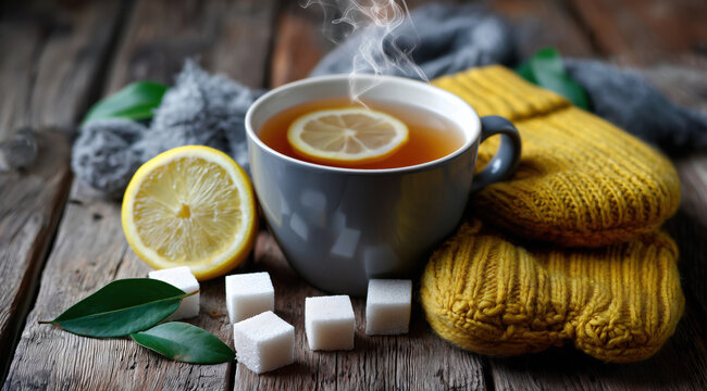 Une tasse fumante de th&eacute; au miel et au citron, entour&eacute;e de morceaux de sucre et des gants tricot&eacute;s sur une table rustique en bois, sc&egrave;ne hivernale chaleureuse.