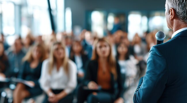 Un &eacute;lu d'une commune v&ecirc;tu d'un costume, pronon&ccedil;ant un discours, micro &agrave; la main, devant du public &agrave; l'occasion d'une r&eacute;union publique d'informations.