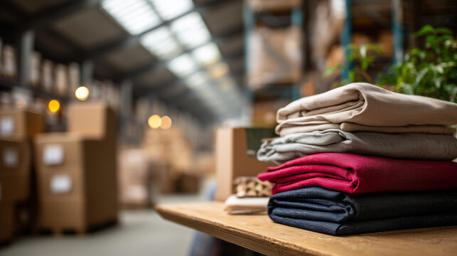 Aesthetic stacks of folded textiles, finished garment bundles display, warehouse organization shown, factory logistics with localized colors visible, orderly industrial environment