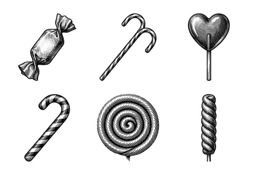 Collection of assorted candy and sweets in vintage woodcut engraving style including lollipops and candy canes.
