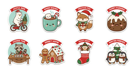 Fototapeta premium Cute Christmas Holiday Sticker Set with Winter Animals