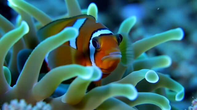 Clownfish protected by its anemone in the deep ocean,colorful tropical fish in natural habitat underwater world