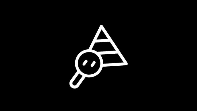 Magnifying glass examining a layered pyramid icon on a black background