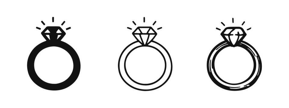 Diamond Ring Icon Set in Solid, Outline, and Hand-Drawn Styles, Perfect for Jewelry and Engagement Themes.