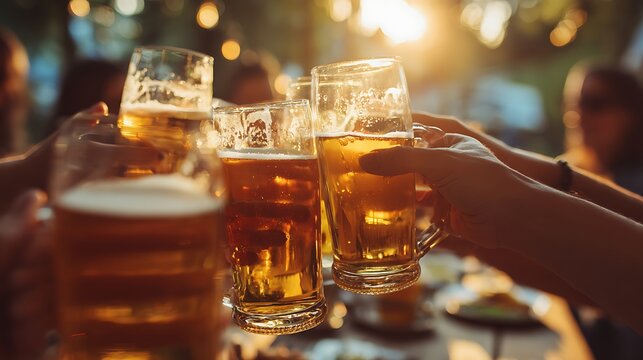 Outdoor Evening Party Toast with Beer Glasses Under Warm String Lights Bokeh