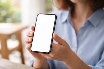 Woman holding smartphone with blank screen in hands while sitting at table with blurred background and greenery outside window JPG image