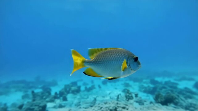 Colorful underwater fish in natural habitat clear turquoise ocean water with coral reef for marine wildlife videos