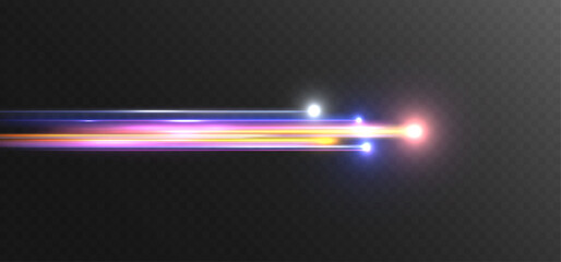 Colorful horizontal light streak isolated on transparent background. Glowing motion beam with bright points symbolizing speed, data transfer, internet connection and modern digital technology.