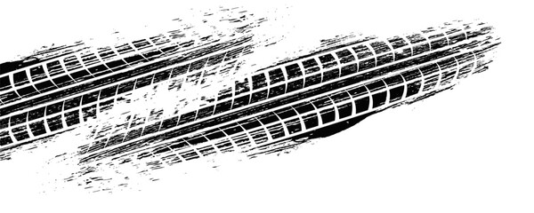 Grunge tire tracks, wheel braking marks. Truck, car or motorcycle tread pattern silhouettes. Auto race, motorsport, speed racing design element. Vector illustration © ifon