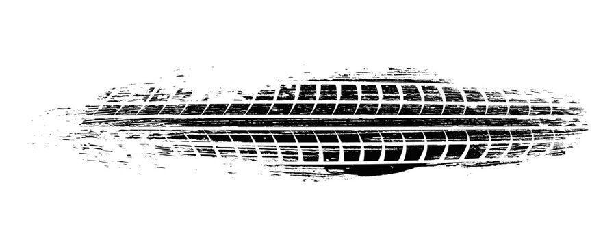 Grunge tire tracks, wheel braking marks. Truck, car or motorcycle tread pattern silhouettes. Auto race, motorsport, speed racing design element. Vector illustration